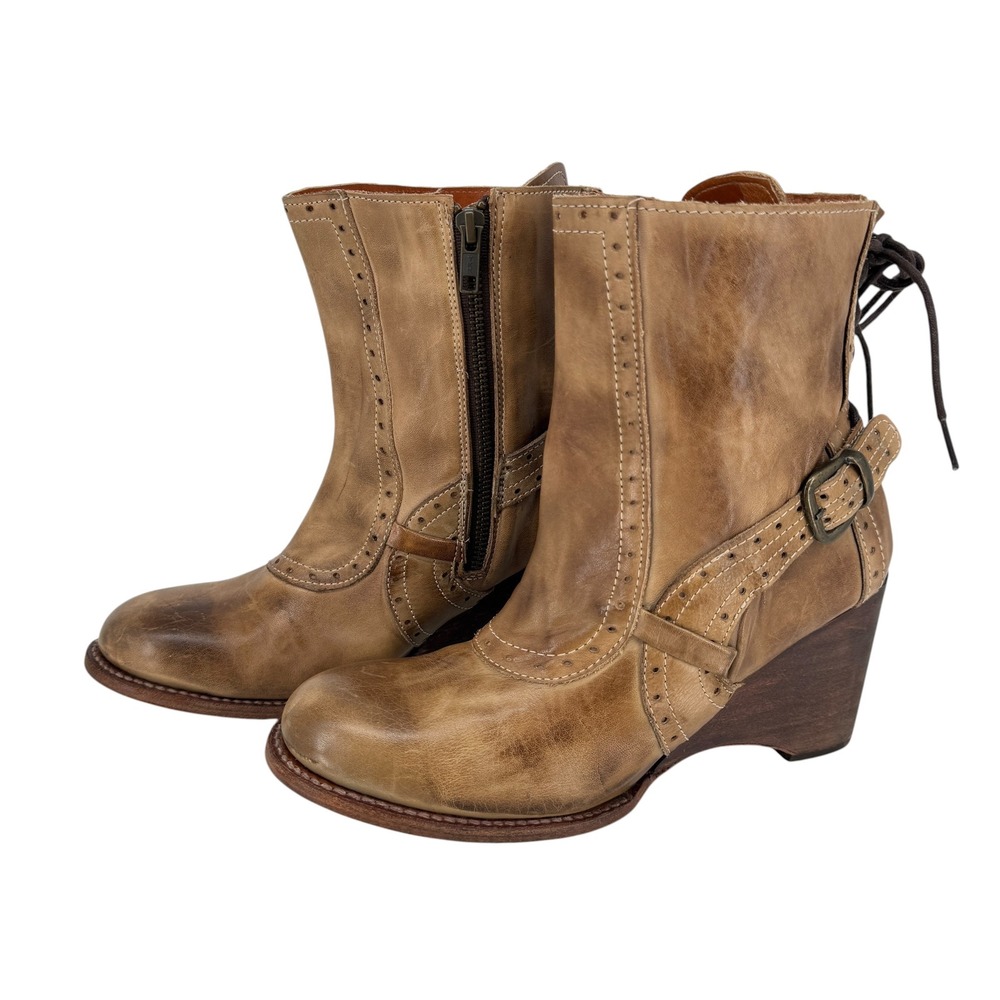 Bed Stu Yuno Tan Leather Brogue Wedge Boots Women 9 Lace Up Back Side Zip Ankle